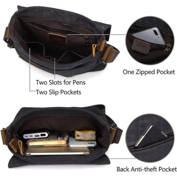 Small Messenger Bag, Vintage Canvas Leather Lightweight Crossbody Bag - Picture 6 of 6